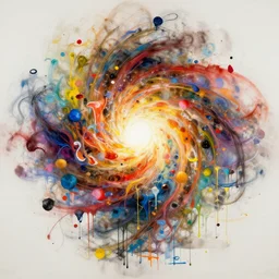 still life, airbrush by charles le brun, by piero della francesca flowing. kinetic sculpture. drip print that is both chaotic & beautiful. a multitude of colors & shapes in a constant state of motion. the viewer's eye is drawn to the center of the print, where a large, swirling mass of color & light dominates the composition. energy & movement.