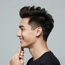 a three courter profile photograph of a man with a messy pompadour smiling, holding a glass of milk. tritone, green, black and white