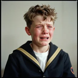 kodak portra 4 0 0, 8 k, highly detailed, britt marling style 3 / 4 photographic close, press award winning colour portrait of a crying and scared by war sailor boy, up face with 1 9 2 0 s hairstyle, 1 9 2 0 s style, asymmetrical, hasselblad x 1 d - 5 0 c, 1 0 0 mm f 1. 8, soft light