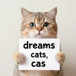 realistic high quality photo of a cute cat holding a sign with text that reads : dreams caaats, cats, cas