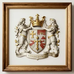a legend illustration coat of arms, wood frame engraving with elegant details, golden border detail ornaments art by fantasy and hearthstone style, centered, facing shot, crowns, one lion!! and royal shields, symmetry!!!!!, elegant, masterpiece