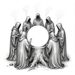 a high detail intricate drawing of a stump surrounded by hooded figures smoke billowing from robes a circle cut into the ground surrounds them, a woodcut by harold mcneill, pixabay, modern european ink painting, woodcut, ultrafine detail, henry moore