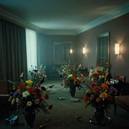 gregory crewdson interior photography, cassette futurism, cosmic psychedelic horror, crowded hotel room full of flowers and birds, edward hopper liminal space, atmospheric haze, film. film still, 1 6 mm cinematography