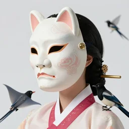 3 d goddess close - up profile portrait. beautiful intricate highly detailed korean gumiho mask and traditional hanbok. stingray, magpie, bio luminescent, plasma, lava, ice, water, wind, creature, artwork by tooth wu and wlop and beeple and greg rutkowski, octane 3 d render