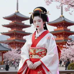 beautiful albino maiko traditionsl hakama in a pagoda, detailed, jewelry, sakura,photograph, award wining, red and white, trending on artstation, punk attitude, 4k, unreal engine 5, octane render, neon highlights