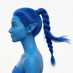side view of a blue man looking sideways with [ [ blue ] ] [ skin ] and elegant smiling chiseled jaw, blue skin, elf ears, a singular long blue braided ponytail flowing with the wind, blue hair is cropped on the sides of the ears, skin is blue, [ white ] [ background ], 8 k, 8 5 mm f 1. 8