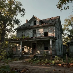 old, ruined, abandoned American Midwestern house, seen from outside and overgrown by plants. First light of day falls upon the building. Scary, horror, ghost story. Dirt, leaves on ground. Octane render. Substance painter. Zbrush. Trending on artstation. 8K. Highly detailed.