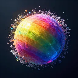 round underwater colorful rainbow sphere with sharp glossy particles around it, 4 k, award winning, photorealistic, sharp crisp light reflections, rule of thirds, octane render, volumetric lighting
