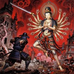 full page scan of 1 7 0 0 concept art, japanese thousand - handed guanyin runs away from samurai with a katana, sharp, struggling in a ruined city full of organic fractal mycelum and fung, slender and densely arranged teeth, high detailed beksinski painting, part by adrian ghenie and gerhard richter. art by takato yamamoto. masterpiece, deep colours, red
