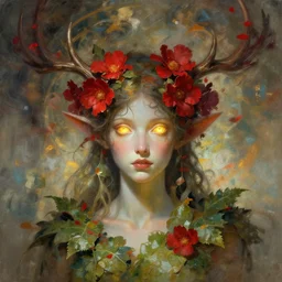 character concept portrait, head - on centralized, elf spirit with antlers, red flowers, glowing golden eyes. dress made of leaves. detailed, abstract high quality, dynamic lighting, evocative, fantasy. artwork by artgerm, wlop, alex ross, greg rutknowski, alphonse mucha