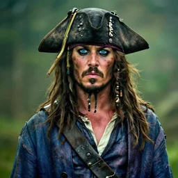 portrait photo of a pirate captain with blue eyes and long brown bear and hair, faded worn blue coat and black hat, rugged and dirty, 50mm sigma lens, movie shot, color graded, 4k trailer