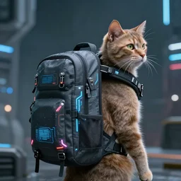 cat in a scifi cyberpunk backpack