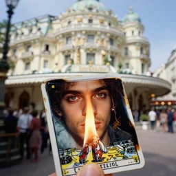 cinestill 5 0 d, 8 k ; esoteric ultra realistic ran meets ronin ( 1 9 9 0 ) film still negresco cafe scene in frontiers of macro porcelain photography june closeup 3 / 4 portrait edition, hyperrealistic real - life burning tarot card porcelain occult dj pilot, eye contact, tilt shift wide shot zaha hadid background