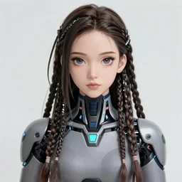 a aesthetic cyborg woman with long dreads, anime, detailed anime, hyper detailed anime, realistic anime, hyper realistic anime, cel shading, toon shading, straight on, hd, 4 k, 2 point studio lighting,