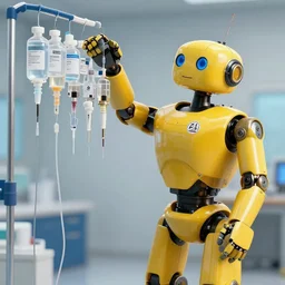 a yellow mechanic robot hang with bunch of infusion therapy bottles