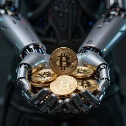 mechanical cybernetic hand holding a pile of bitcoins. centered. horror cyberpunk. highly detailed 8 k. intricate. nikon d 8 5 0 3 5 mm. award winning photography.