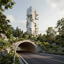 denis villeneuve establishing shot of modern bjarke ingels condo building and gotthard tunnel entrance combined, roads tunnel under bjarke ingels condo building, lush nature environment, beautiful lighting, scifi artstation digital concept art, unreal engine, hyper realism, realistic shading, cinematic composition, blender render, octane render, wide shot