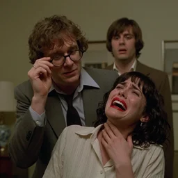 todd solondz stars in a murder scene from the tenant by roman polanski and possession by andrzej zulawski, tripping, glasses, scared, screaming and crying, red lipstick, by francis bacon, seventies film, cinemaic, dramatic, soft light