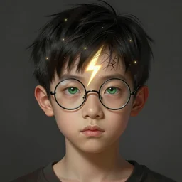 portrait of 1 7 - year - old boy thin face, black hair, green eyes, round glasses, scar on forehead as a bolt of lightning, intricate, elegant, glowing lights, highly detailed, digital painting, artstation, concept art, smooth, sharp focus, illustration, art by wlop, mars ravelo and greg rutkowski