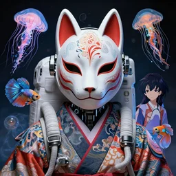 full shot of a beautiful venus monster astronaut defined facial features, intricate abstract. cyberpunk, symmetrical facial features. biomechanics. beautiful intricately detailed japanese crow kitsune mask and clasical japanese kimono. betta fish, jellyfish phoenix, bio luminescent, plasma, by cory loftis, atey ghailan, makoto shinkai, hasui kawase, james gilleard, beautiful, fantasy illustration. award winning, artstation, intricate details, realistic, hyperdetailed, 8 k resolution.