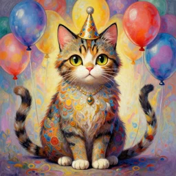 cat celebrates, ballon background colorful, fantasy, intricate, highly detailed, digital painting, hq, trending on artstation, illustration, style of stanley artgerm and greg rutkowski and dan mumford