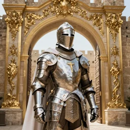 man looking forward in decorated with gold baroque style christian crusader armor, helmet hiding all his face and white cape standing at the gates of jerusalem drawn by greg rutkowski realistic high detail