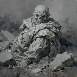 painterly warped wadded knotted heap, dull grey expressionism, masterful rendering of ghastly ghostly bleached high - contrast construction rubble