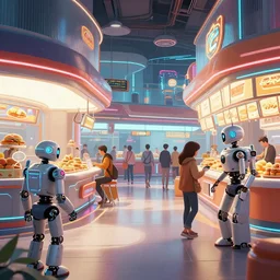 award winning art of a cyberpunk food court, robots, people, cyberpunk, fast food, cyberpunk