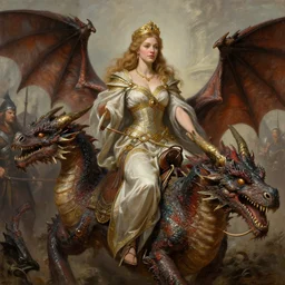 portrait of a single barbarian princess riding a dragon into battle, intricate, elegant, highly detailed, digital painting, art by frank frazetta and boris vallejo