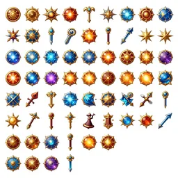 a dofus game assets spritesheet, magic spells and weapons, vector art, very detailed