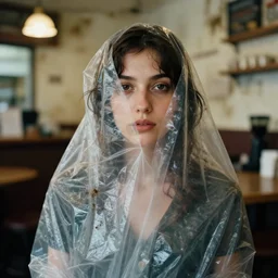 closeup portrait of a woman wrapped in plastic, standing in a grungy dirty coffee shop cafe, color photograph, by vincent desiderio, canon eos c 3 0 0, ƒ 1. 8, 3 5 mm, 8 k, medium - format print