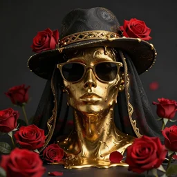 a head made out of melting metal, dark palette, it is wearing sunglasses and a hat and a veil, there are red roses all around it, golden paint melting, vogue cover style, depth of field, demonic style, smooth fractal style, ethereal fantasy style, 3 d perfect render style, horror style