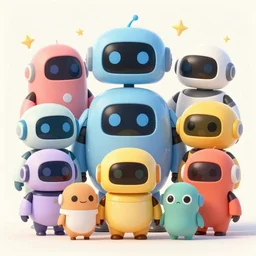 concept sheet of cute colorful 3 d family robot characters for kids assisting a concept machine style by miyazaki, big eyes, simple smooth shapes and forms, reflective like candy, masterpiece, award - winning, intricate concept art, 8 k, artstation