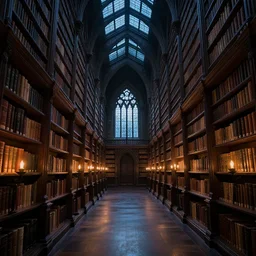 the eldritch library of ancient lore, interior shot, long hall, high bookshelves, dark wood, candles, gothic architecture, twilight streaming through high windows, skylights