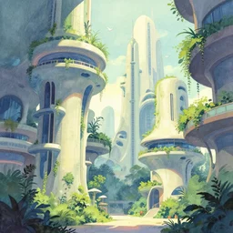 beautiful futuristic architecture with organic shapes, plants growing on it. gouache, limited palette with complementary colors, by award - winning mangaka, backlighting, depth of field.