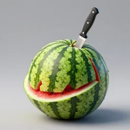 a whole watermelon pierced by a knife, a knife piercing through the water melon, knife sticks out, detailed render, 8k, cgsociety