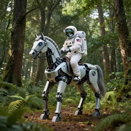 american astronaut in the forest riding a mechanical robot horse, objects well lit, plants environment, wide angle, cinematic lighting, atmospheric, realistic, octane render, highly detailed, color graded, in the style of craig mullins