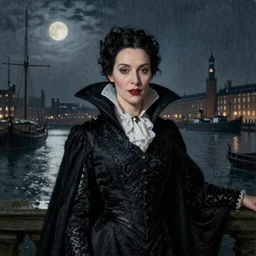 portrait of Lady Dracula in victorian suit by Tom Bagshaw, atmospheric lighting, painted, intricate, London Dockyard, volumetric lighting, beautiful, light rain, moon light, sharp focus, ultra detailed, by Leesha Hannigan, Ross Tran, Thierry Doizon, Kai Carpenter, Ignacio Fernández Ríos, Yasumoto Oka,