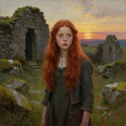 a well - lit, realistic oil painting of a girl resembling a young, shy, redheaded irish alicia vikander or millie bobby brown in moss - covered ancient stone ruins at sunset, highly detailed, intricate, concept art, artstation, by donato giancola, ron cobb, and artgerm