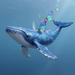 digital painting of a fictional flying spirit blue whale, it has tiny multiple holographic butterfly wings on its backside, fully detailed, 4 k, octane render quality, real footage, psychedelics featured on artstation, subreddit / r / whale, by mohamed solah, art limited whale by bahar moumivand