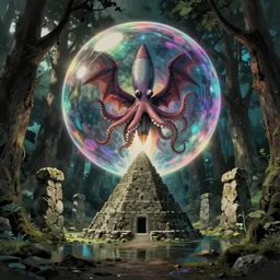 pov hyperrealist, dull colors, interior shot from howls moving castle 2 0 0 4 of an octopus dragon rocketing into multicolored portal bubble in a flooded woodland stonehenge pyramid. bubble.
