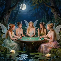 a group of gracious fairies playing blackjack in a atmospheric moonlit forest next to a beautiful pond filled with water lilies, in style of ida rentoul outhwaite