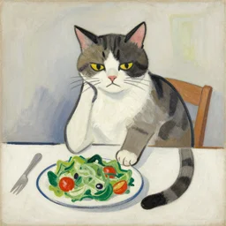 upset cat sitting at table with salad, drawn by pablo picasso, painting