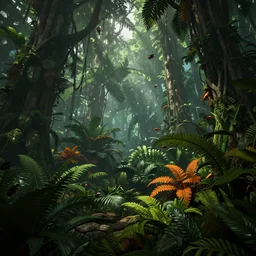a beautiful render of a prehistoric rainforest, lush flora, insects flying around, dark green, orange, intricate detail, god rays, hazy, humid, volumetric lighting, 8 k, photorealistic, raytracing effects, unreal engine 5