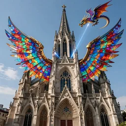 outside exterior view flying stain glass wings gothic architecture cathedral lens laser dragon in the sky, artstation, cinematic, concept art, 8k, Pinterest, cgsociety, hyper detailed, ultra realistic, illustration, epic, high resolution, post processing, high quality,