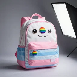 trans pride themed cute pink blue white backpack with pride pins, high definition softbox studio lighting product photo