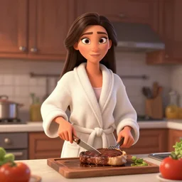 cassandra cain wearing a bathrobe!!! standing in the kitchen cooking steak!!!, beautiful face!!!!, 2 7 years old, cg animation, lifelike, animated, realistic, by artgerm, greg rutkowski, 3 d