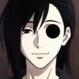 artgerm, joshua middleton, loish, makoto shinkai, domino x - men black spot around eye right eye, pale skin, smile, black hair