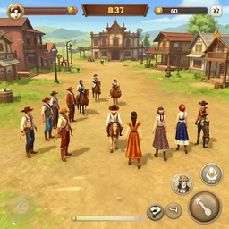 gameplay of dating simulator set in 1 8 3 7, old western town featuring cowboys and cowgirls, characters from africa, china, japan, and mexico