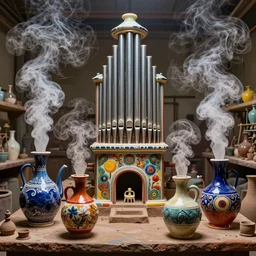 an alchemical laboratory of vapour voices made from ceramic vessels, air flow, clay, no humans, organ pipes, 8 k, unreal, high resolution, vivid colours,